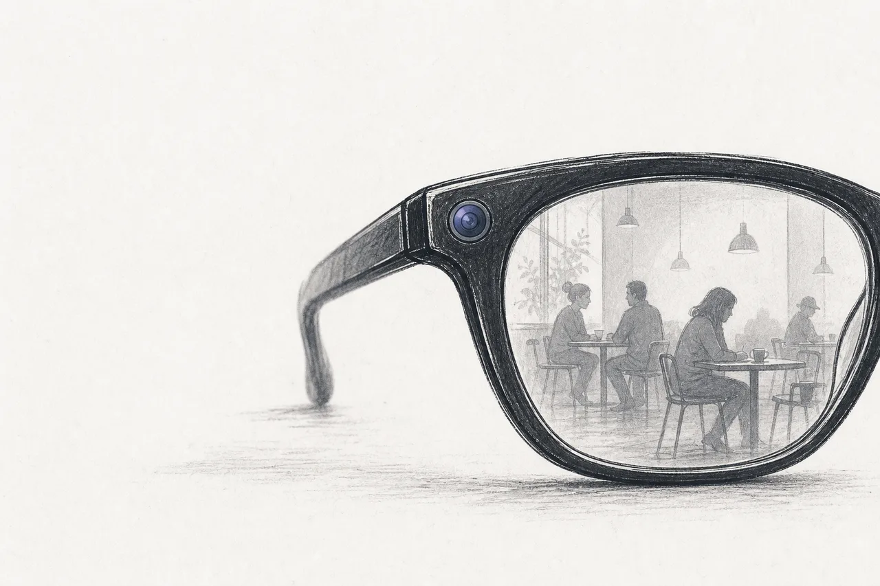 A café where one person wears glasses with a small camera on the temple. The unaware people around them are reflected as small shadows in the lens, conveying worry about an always-on camera.