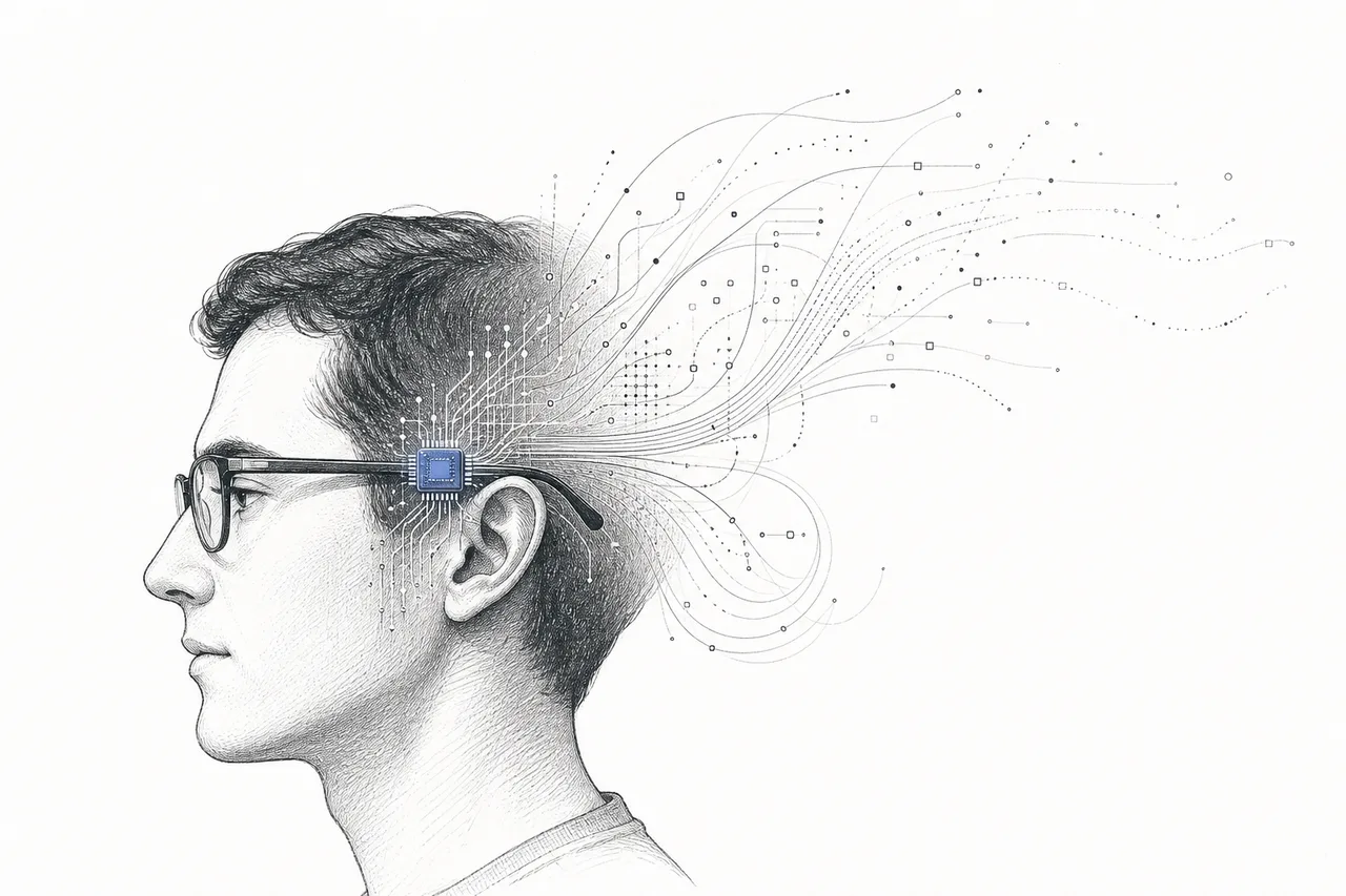 A single small square chip sits on a thin, light pair of glasses worn on someone's face, carrying an enormous workload without letting any heat escape.