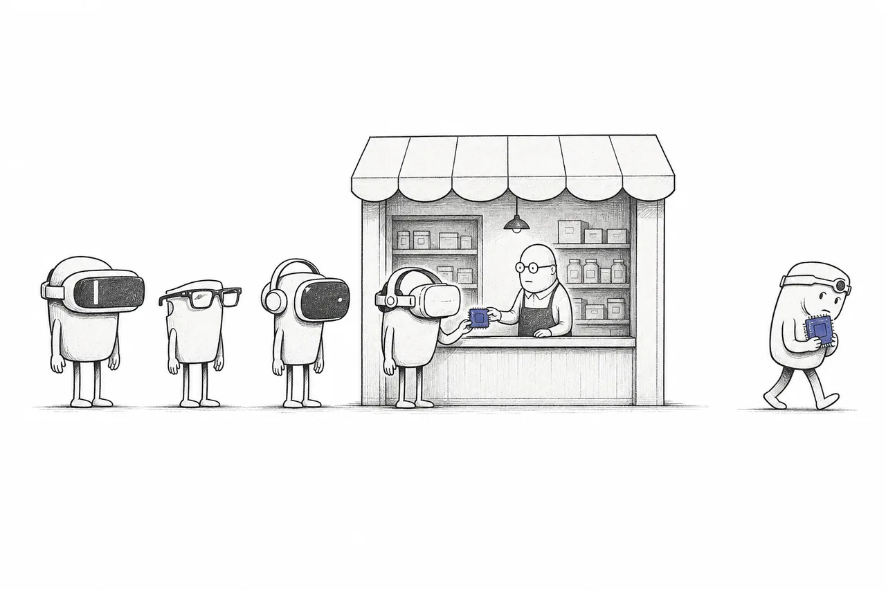 A single parts shop in the middle of town, with customers from several glasses and headset makers lined up to buy chips from the same store.