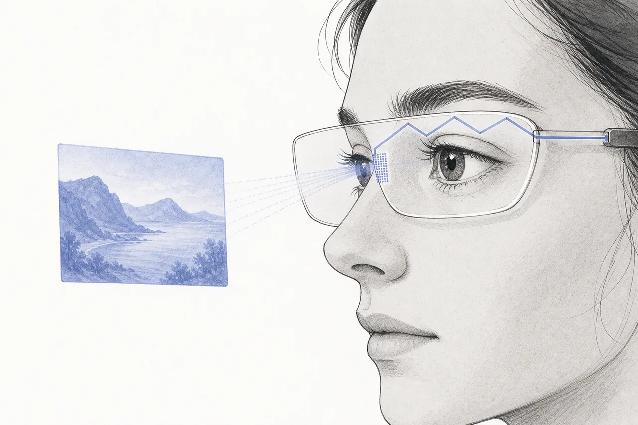 A thin sheet of transparent glass sits in front of the eye. A beam of image light enters at the edge, bounces back and forth inside the glass, then leaks out as a floating image overlaid on the real world.