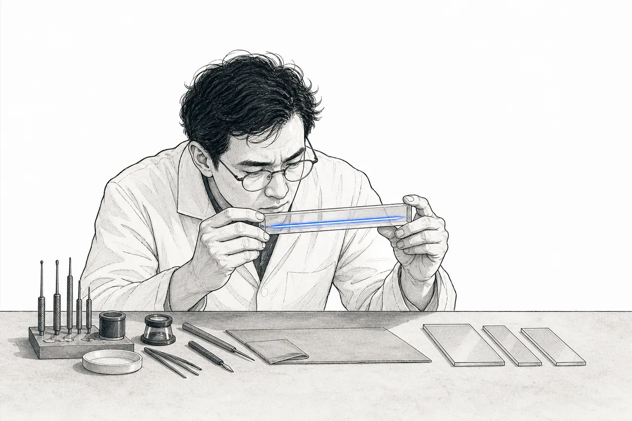 A craftsperson meticulously polishing and assembling thin light-guiding glass, like gem-cutting — conveying that this is hard work tied to a handful of specialists.