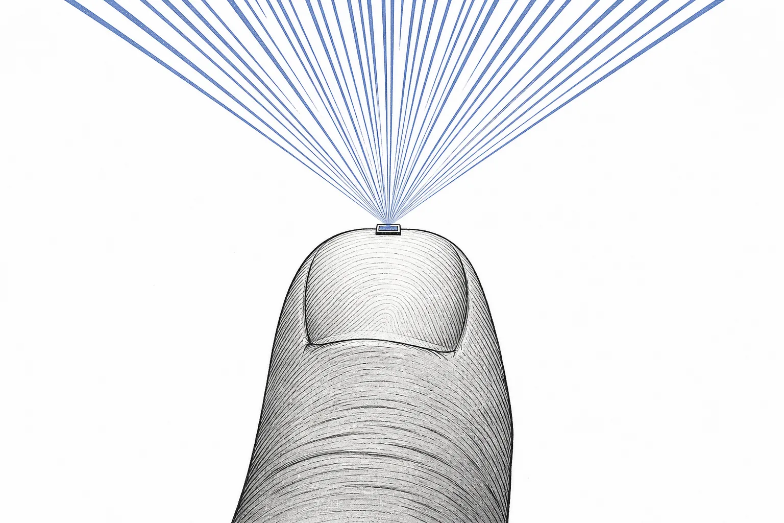 A microdisplay smaller than a fingertip sits on top of a giant human fingertip. From that tiny screen, a bright beam of imagery shoots out to fill the frame — showing that this tiny part is the origin of all the imagery in AR glasses.
