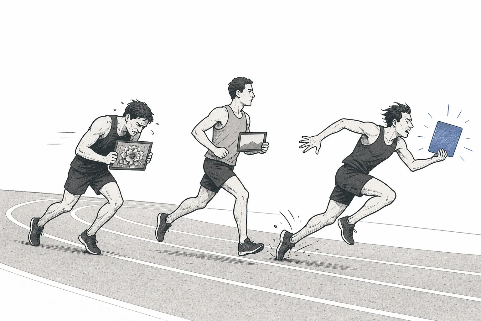 Three runners on a track, each carrying a sign for a different kind of display. One has beautiful image quality but looks tired, one runs steady and cheap, one leads but stumbles now and then — representing the race between the three microdisplay technologies.