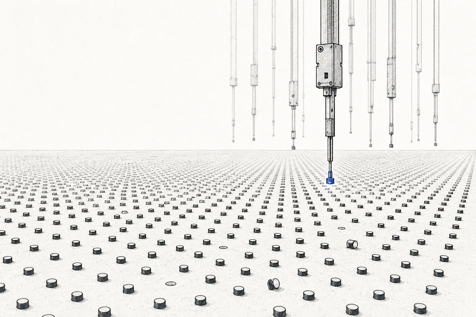 Many robotic arms picking up tiny glowing dots one by one and lining them up on a large grid, with some misplaced — representing the mass transfer problem of MicroLED, which requires placing millions of tiny LEDs perfectly, every single one.