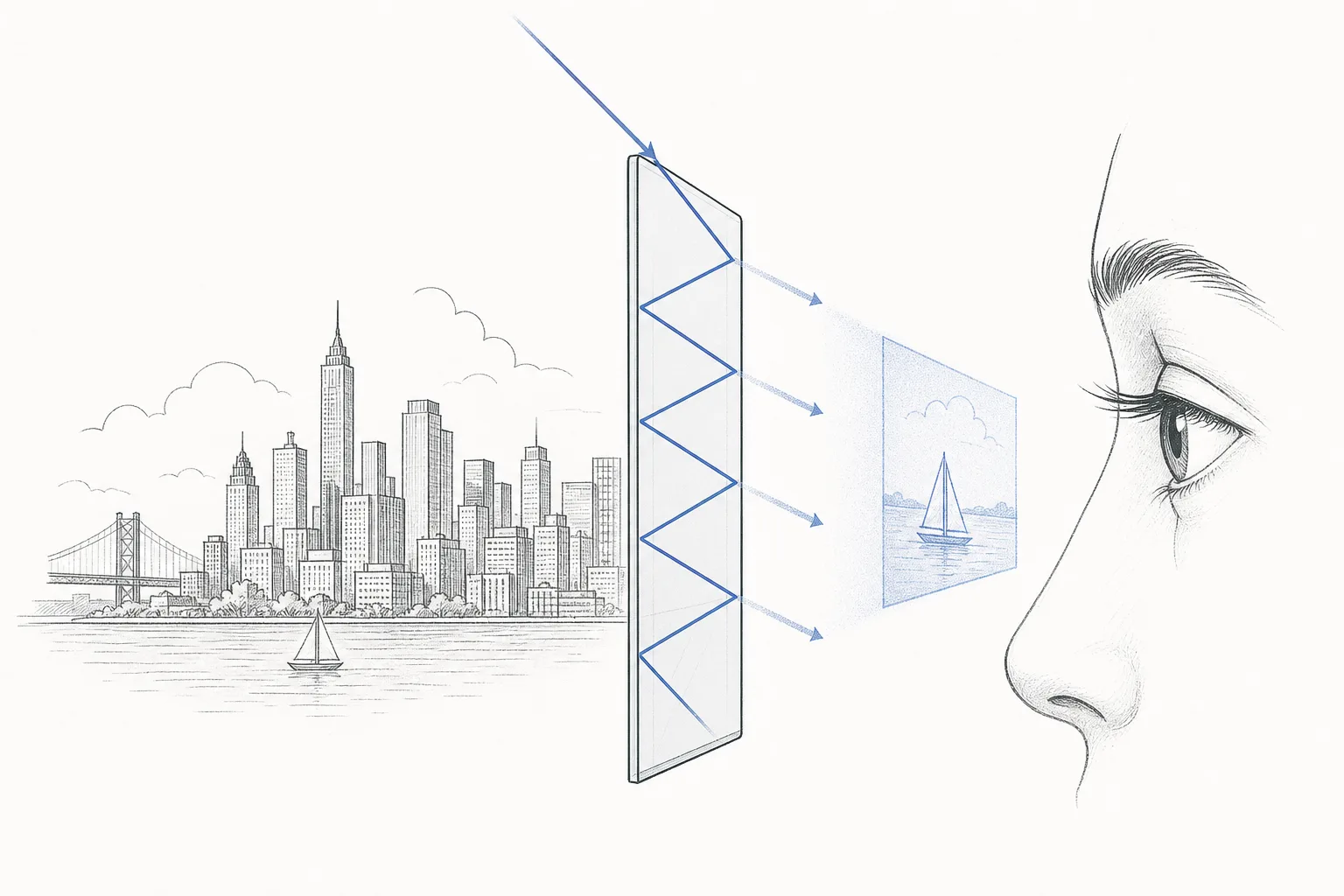 A thin sheet of clear glass placed in front of the eye, with a beam of image-light entering from the top edge, bouncing back and forth inside the glass, then leaking out as a floating image overlaid on a city view seen through the glass.