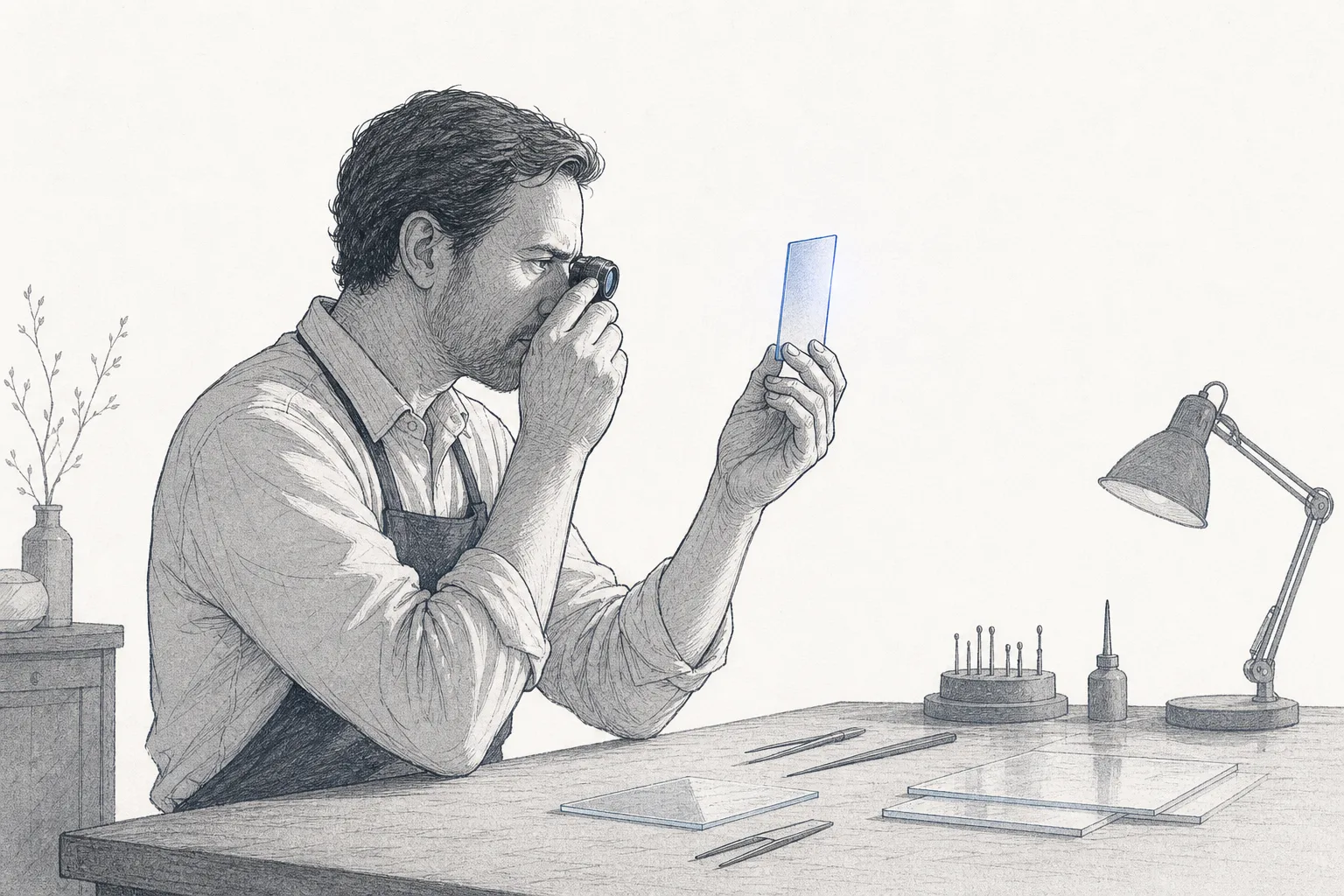 A craftsperson inspects and polishes a thin, clear light-guiding glass sheet with the precision of cutting a diamond, conveying that waveguide manufacturing is hard work tied to a handful of specialists.