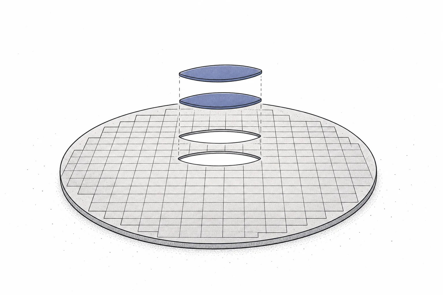 A round, glassy, clear silicon-carbide wafer is cut into two thin glasses lenses, conveying that one wafer makes only a few pairs of glasses, which is why it's still expensive.