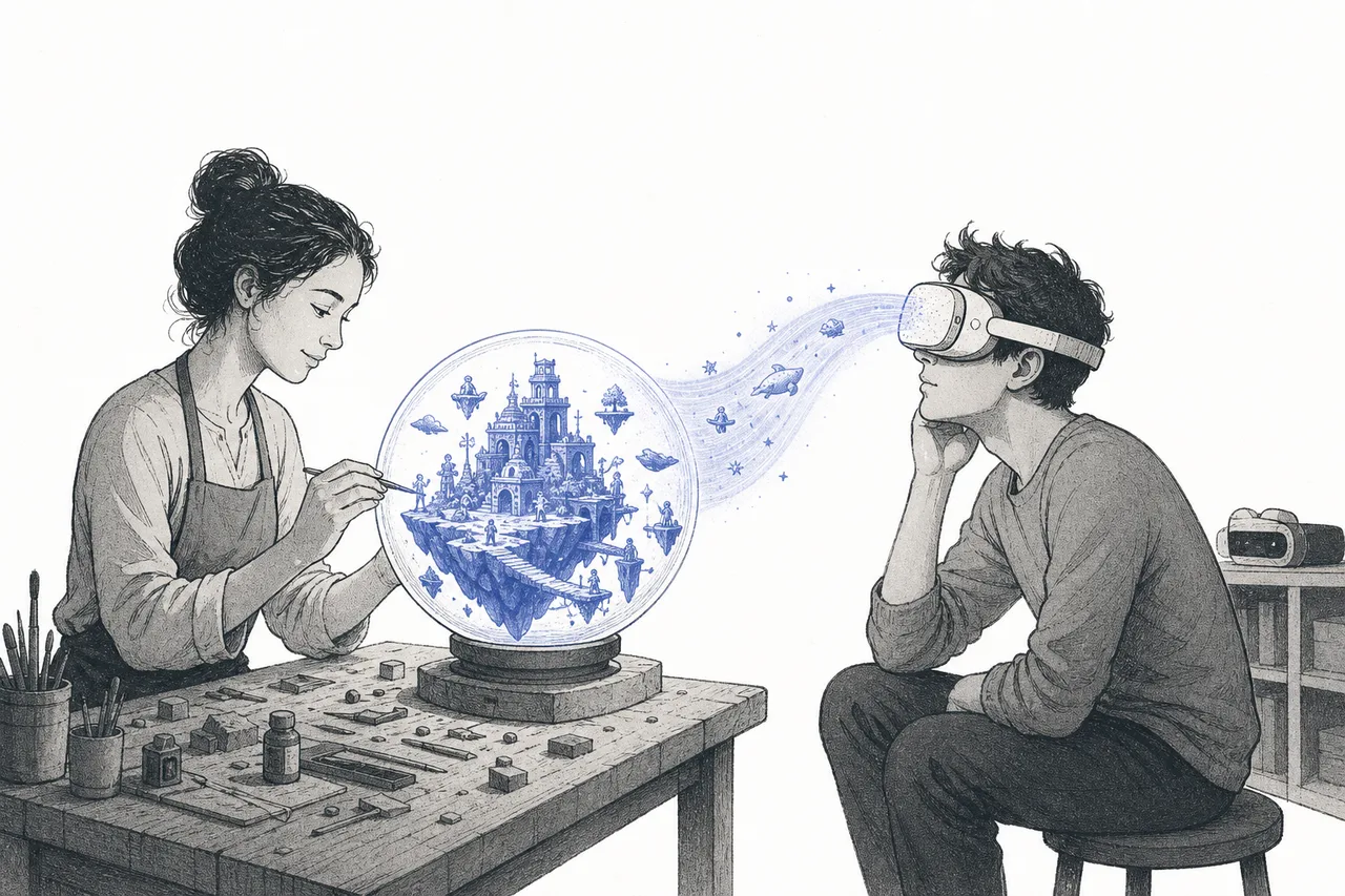 An artisan sits assembling an entire 3D world in their hands, while a person wearing a headset gazes into that world in wonder.