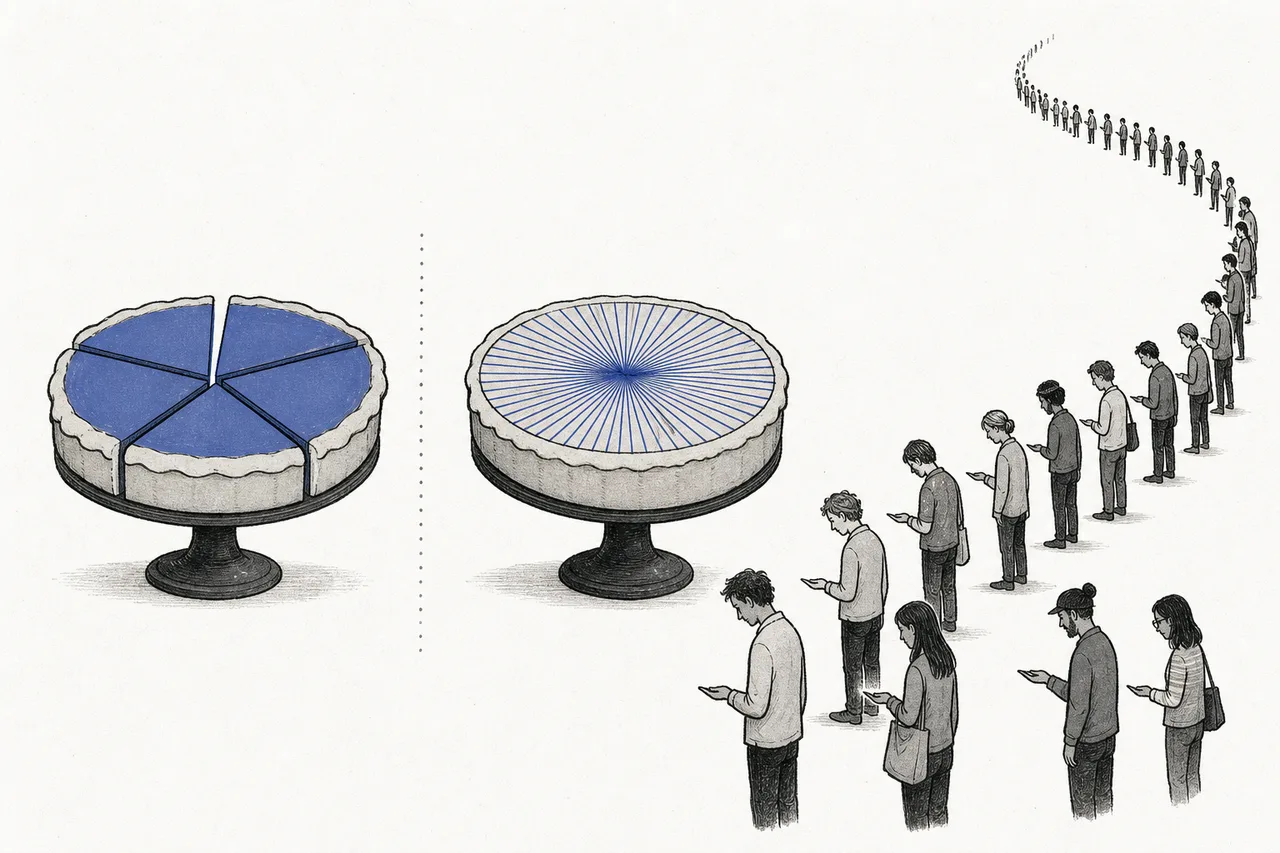 The same cake, sliced from a few big pieces into countless razor-thin slivers, while a crowd of creators lines up for ever-smaller shares.
