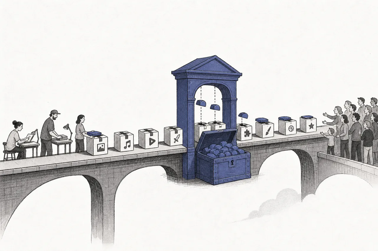 A bridge where things can only pass in one direction, with a tollgate that takes a share from every item passing through.