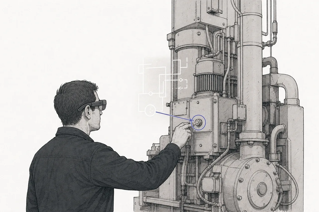A factory technician wearing AR glasses stands in front of a large machine, with lines and circles floating over the part that needs repair.