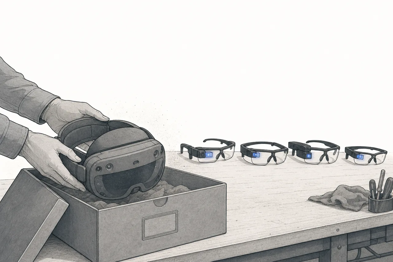 A large AR headset being placed into a box, while several smaller, simpler glasses are still up and running on a desk.