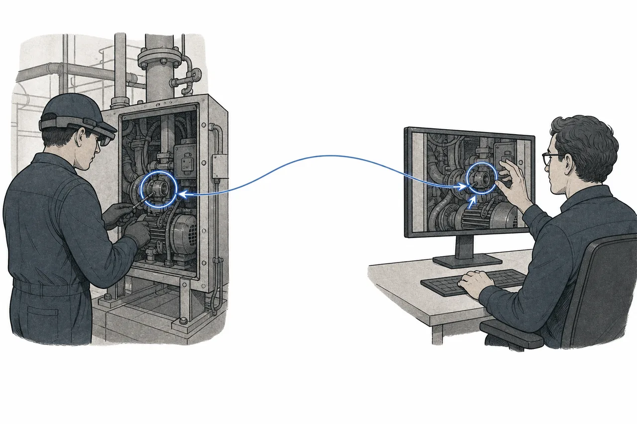 A split screen: on one side, a field technician looks at a machine; on the other, an expert sees the same view and draws a guiding circle. A line connects the two sides.