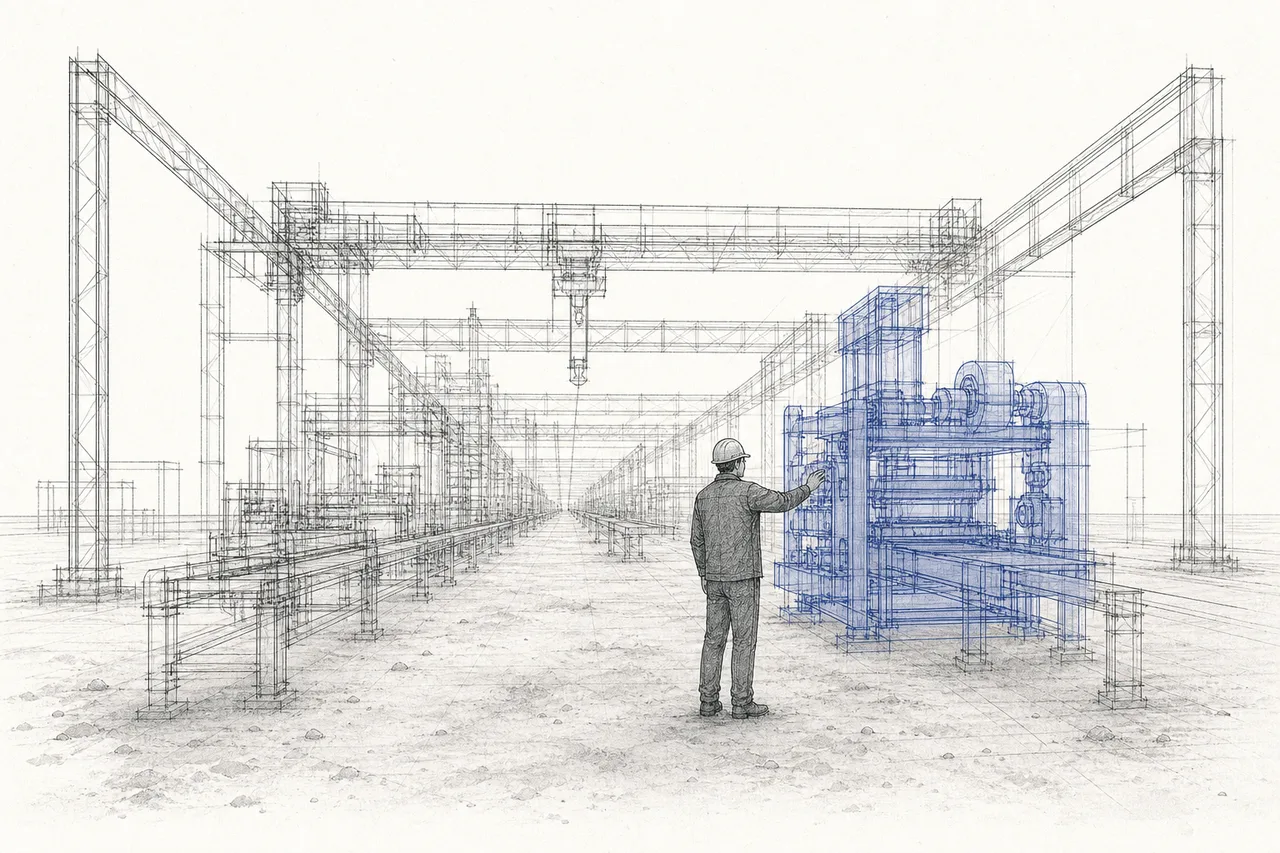An engineer walks through a still-empty digital wireframe version of a factory, before it's built for real