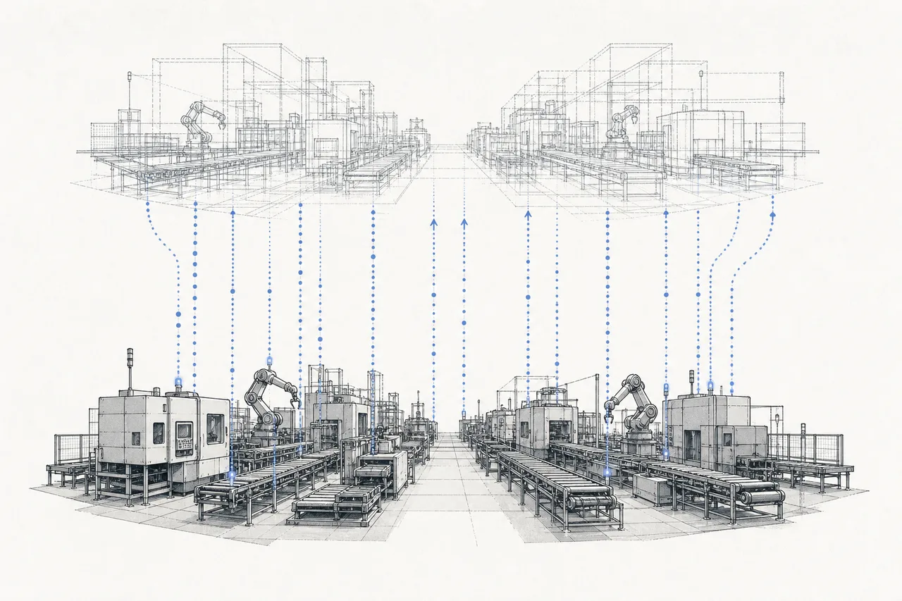 A real factory below and the same factory above in a digital wireframe version floating overlaid, connected by lines of data