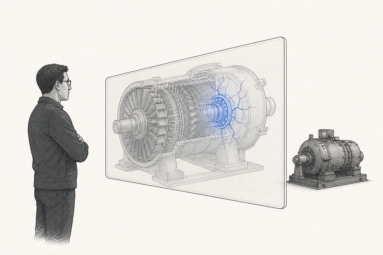 An engineer looks at a digital-twin screen where one part glows as a warning that it's about to fail, while the real machine is still running normally
