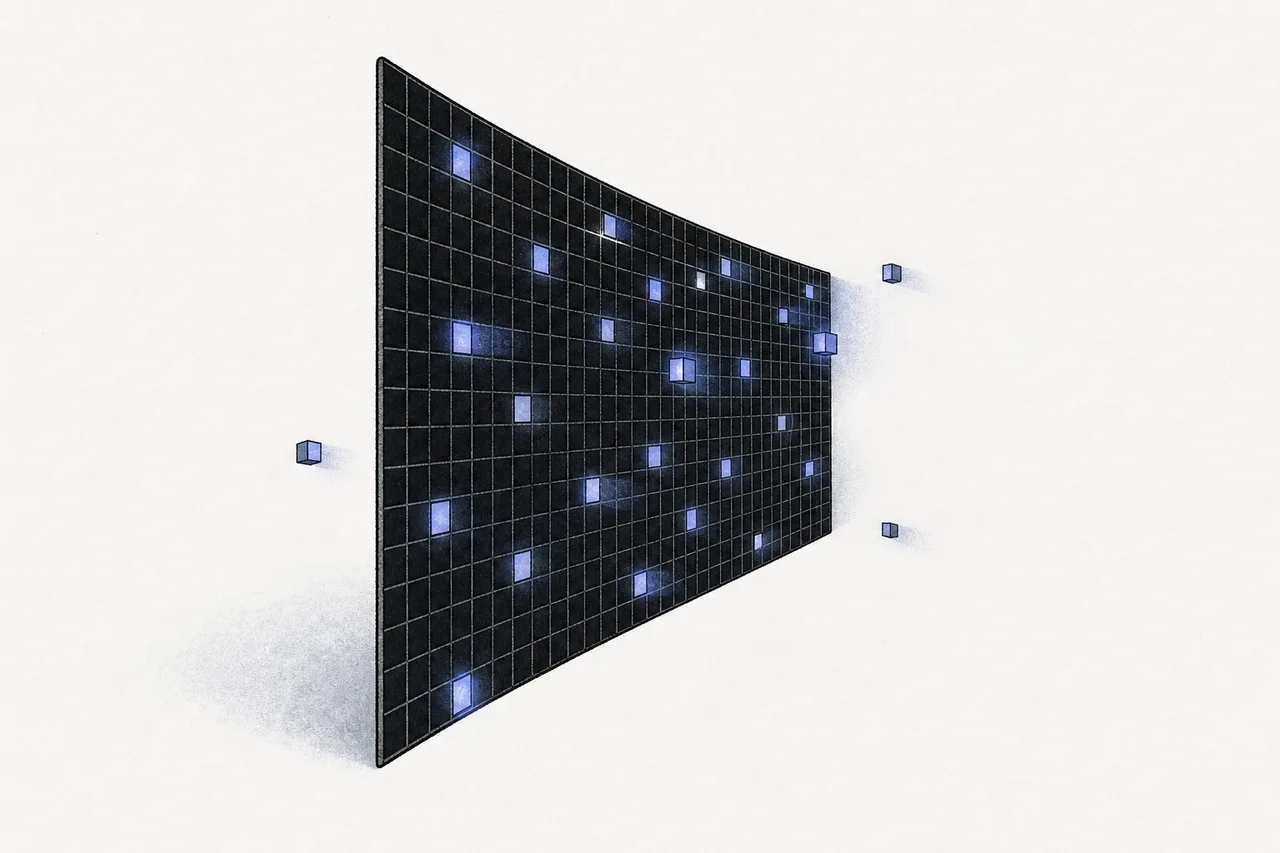 A swarm of tiny pixels, each emitting its own light, floating in a thin screen in the dark, with no backlight behind them.