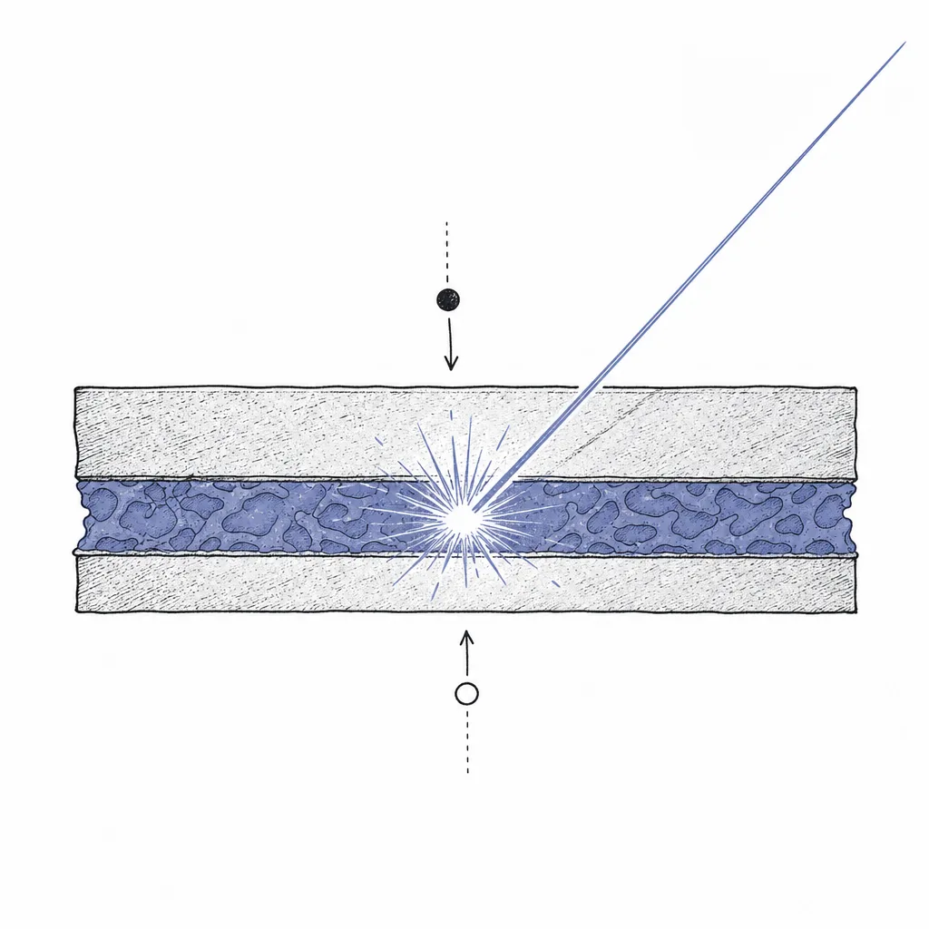 Electrons and holes race toward each other in a thin layer in the middle, and at the moment they meet, a flash of light bursts out.