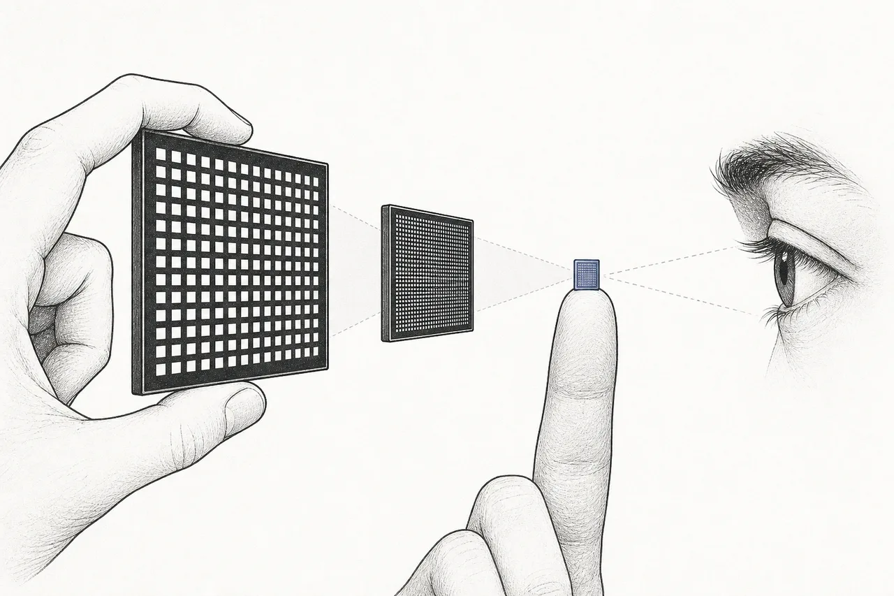 A large screen gradually shrinks into a tiny screen sitting on a fingertip, close to the eye, showing a vastly denser packing of pixels.