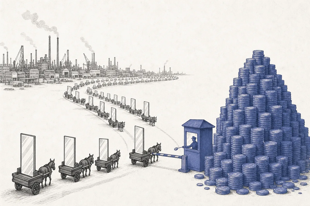 A small tollgate bridge that every trainload of screens must pass through. The gatekeeper collects a coin from each passing train, building an enormous pile.