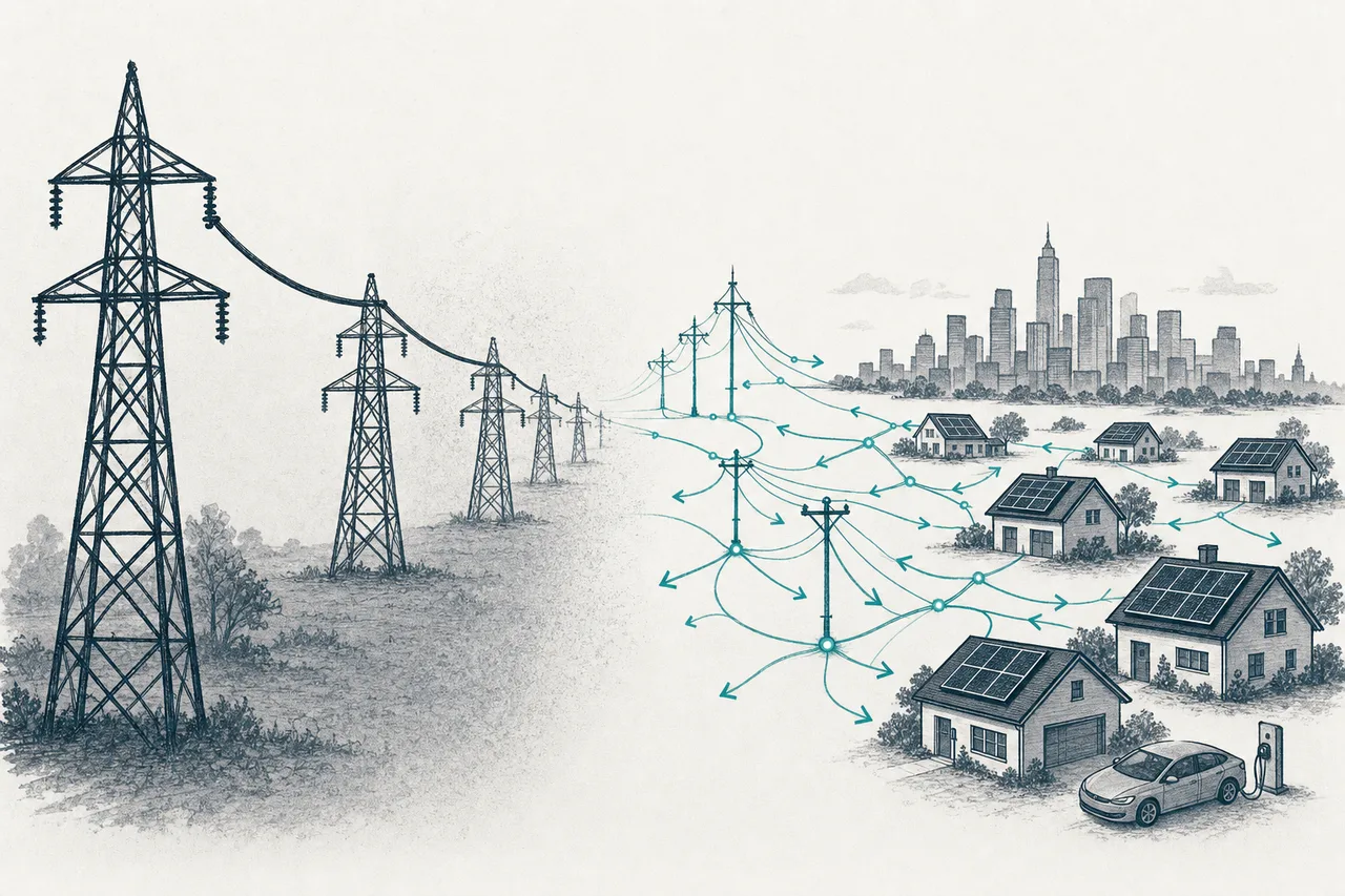 An old power grid being slowly replaced by a network of glowing two-way lines, connecting houses with solar panels to the city