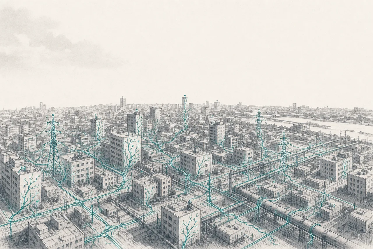 A city where glowing blood vessels and nerves slowly grow up along existing buildings, roads, and power lines