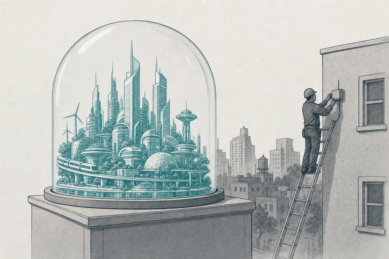 A beautiful glowing model of a future city sits on a display stand, while in the background an ordinary real city has workers quietly installing devices one piece at a time