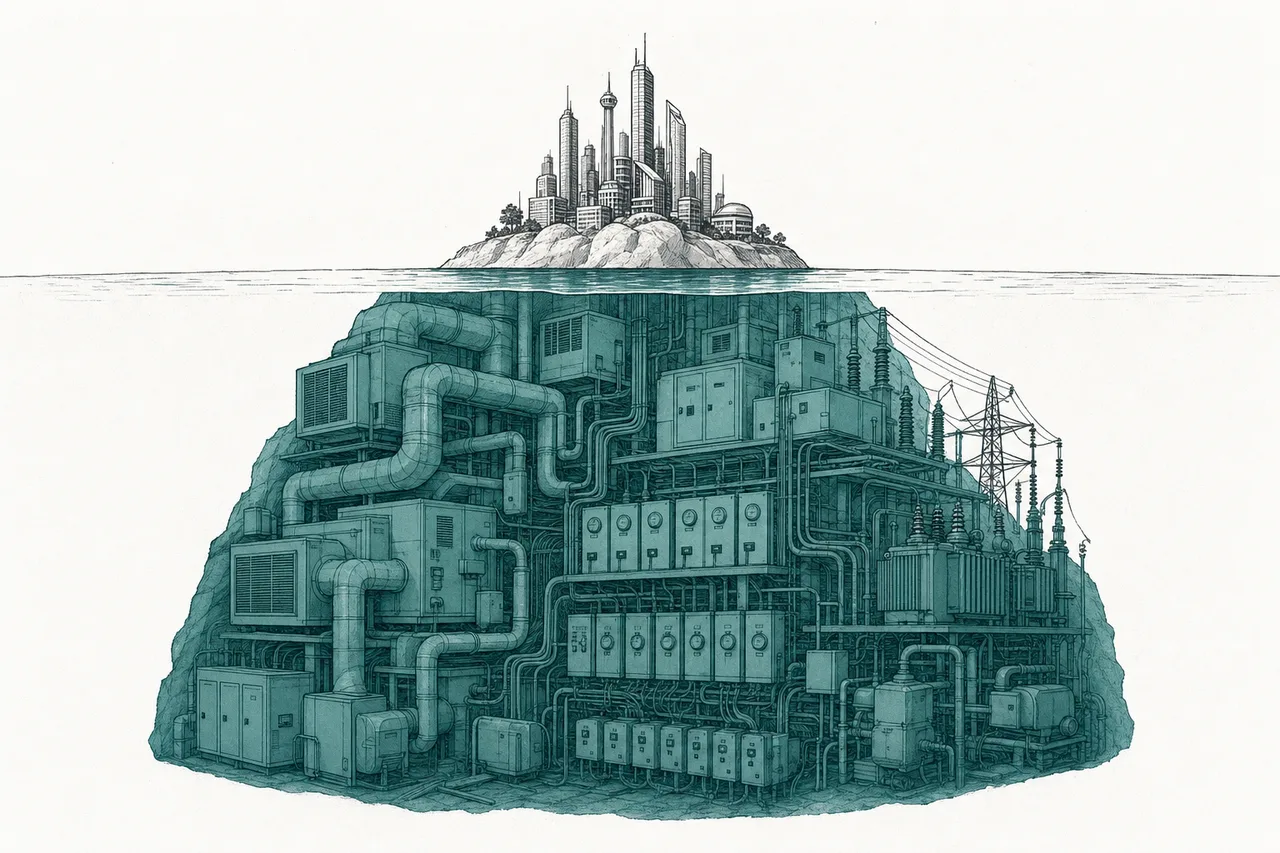 An iceberg of the smart city. The tip above the water is the flashy showcase city, but the huge mass underwater is the building systems and power grid that nobody sees
