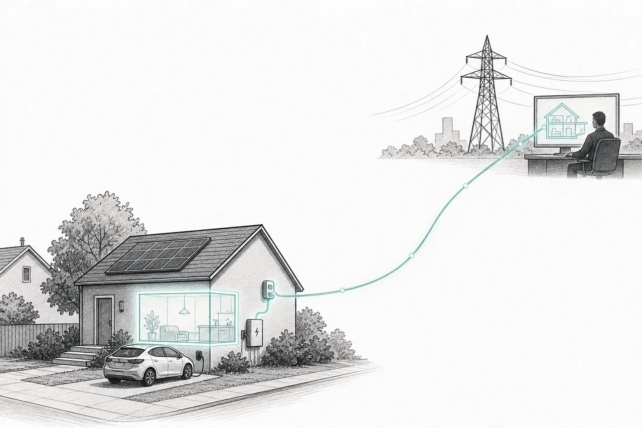 A house with solar, an EV, and a battery sends glowing data lines up through a smart meter to a power grid that is starting to see it.