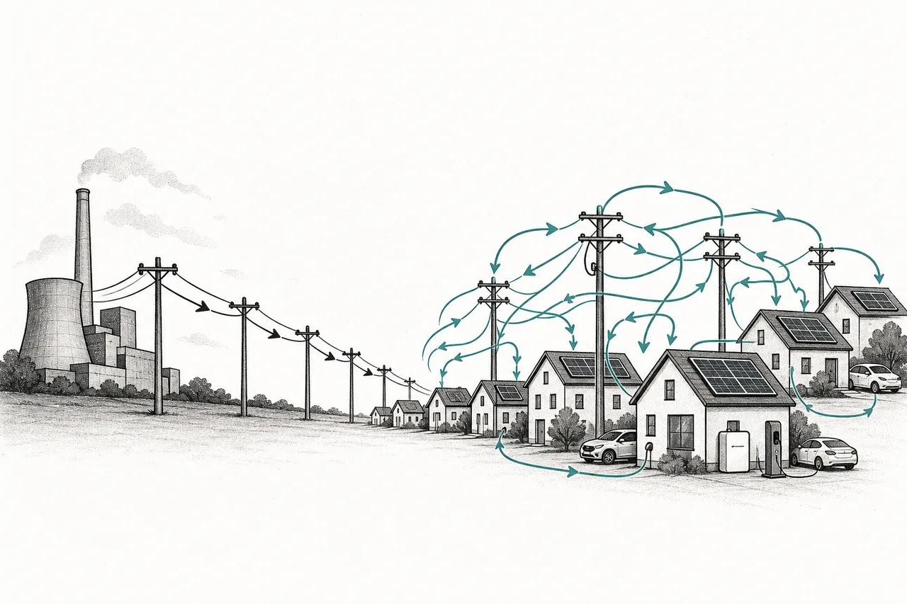 A comparison of the old grid with power flowing one way and the new grid with power flowing two ways, chaotically, from solar and EVs.