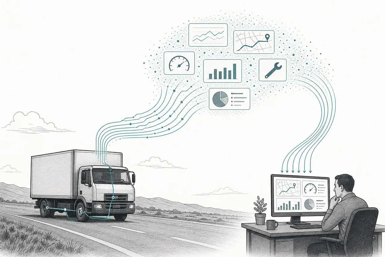 A commercial truck drives down a road, thin data lines flowing off the vehicle up into a data cloud and back down as a control dashboard that a fleet manager is watching.