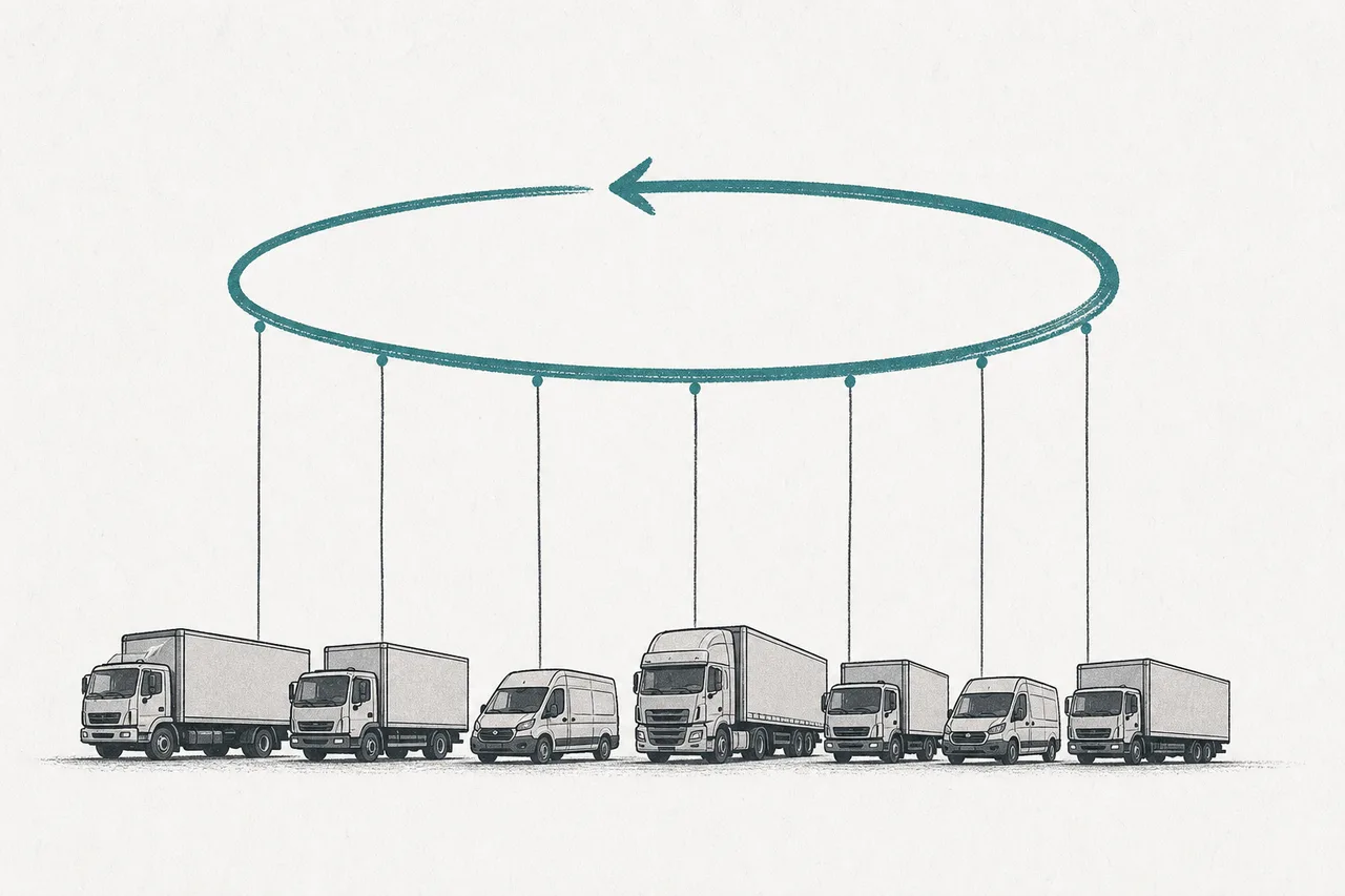 A fleet of trucks lined up, each connected by a thin line to a subscription box that spins in a loop — representing revenue that flows back every month, per vehicle.