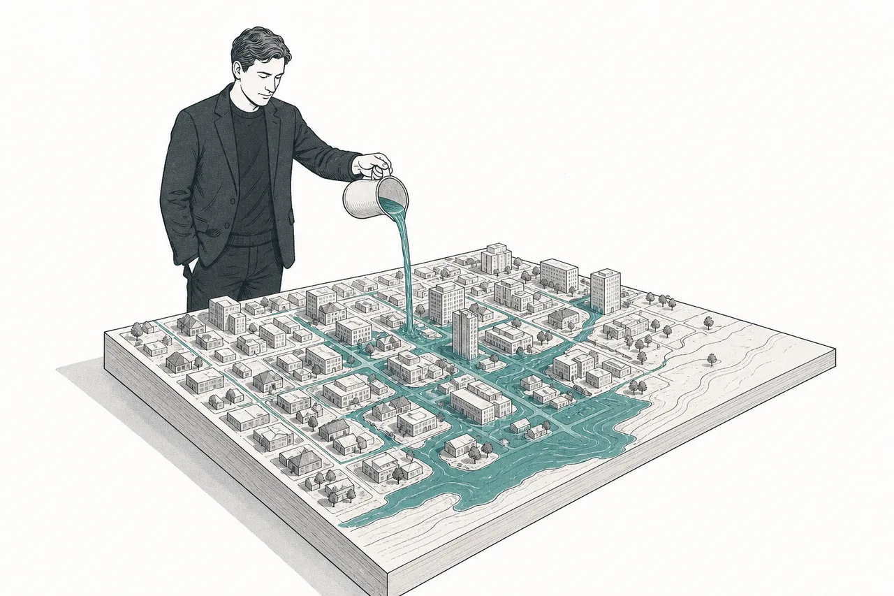 An urban planner stands in front of a 3D city model and pours in simulated water to see which roads sink first in heavy rain.