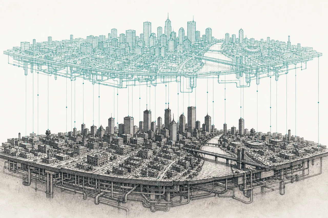 A real city slowly lifting up to become a 3D model floating above it. Buildings, roads, and underground pipes are redrawn as living outline strokes.