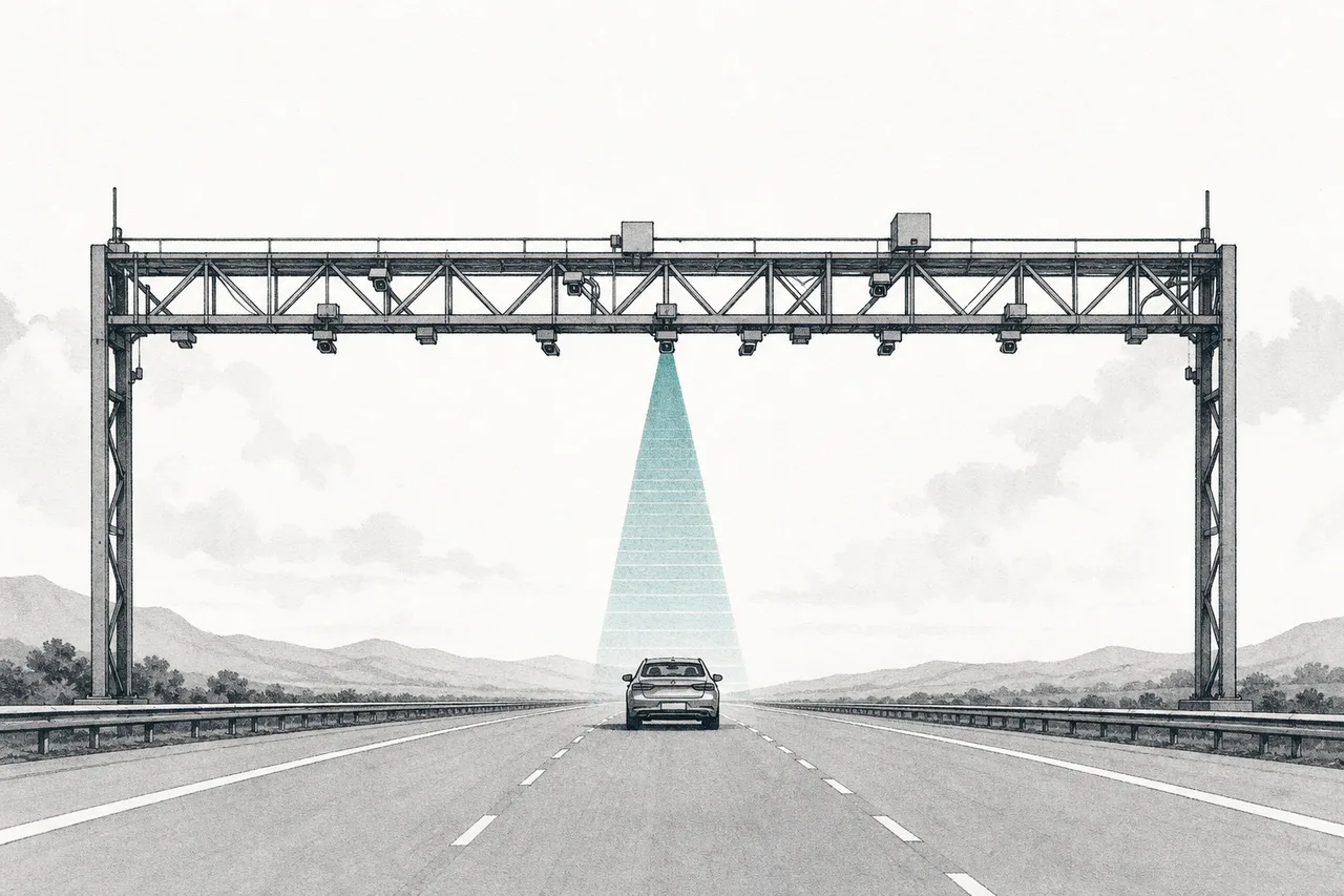 A steel gantry with cameras and sensors straddles the road, looking down like an eye, reading every car that passes without stopping.