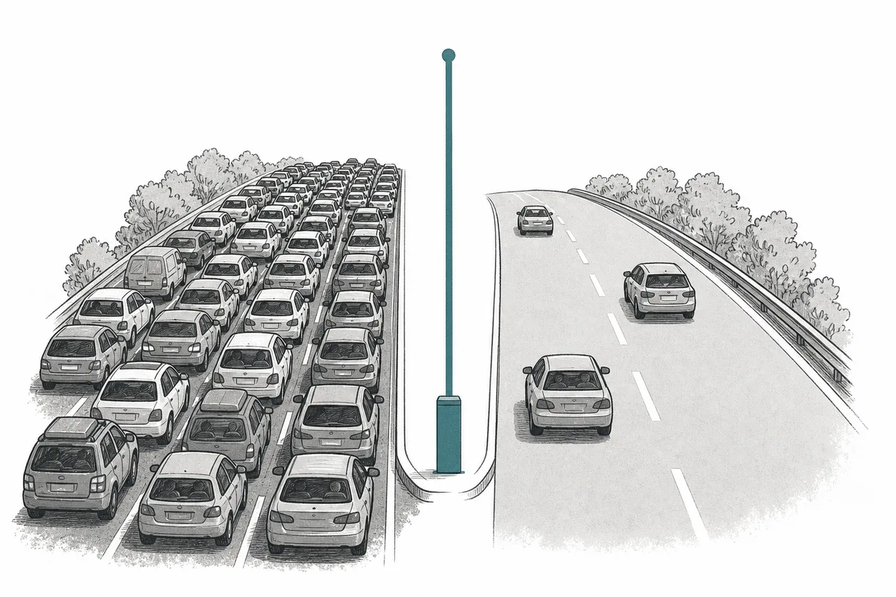 Two roads compared side by side: one packed with a long line of stuck cars, the other clear and flowing, with a price boundary in the middle like a toll gate.