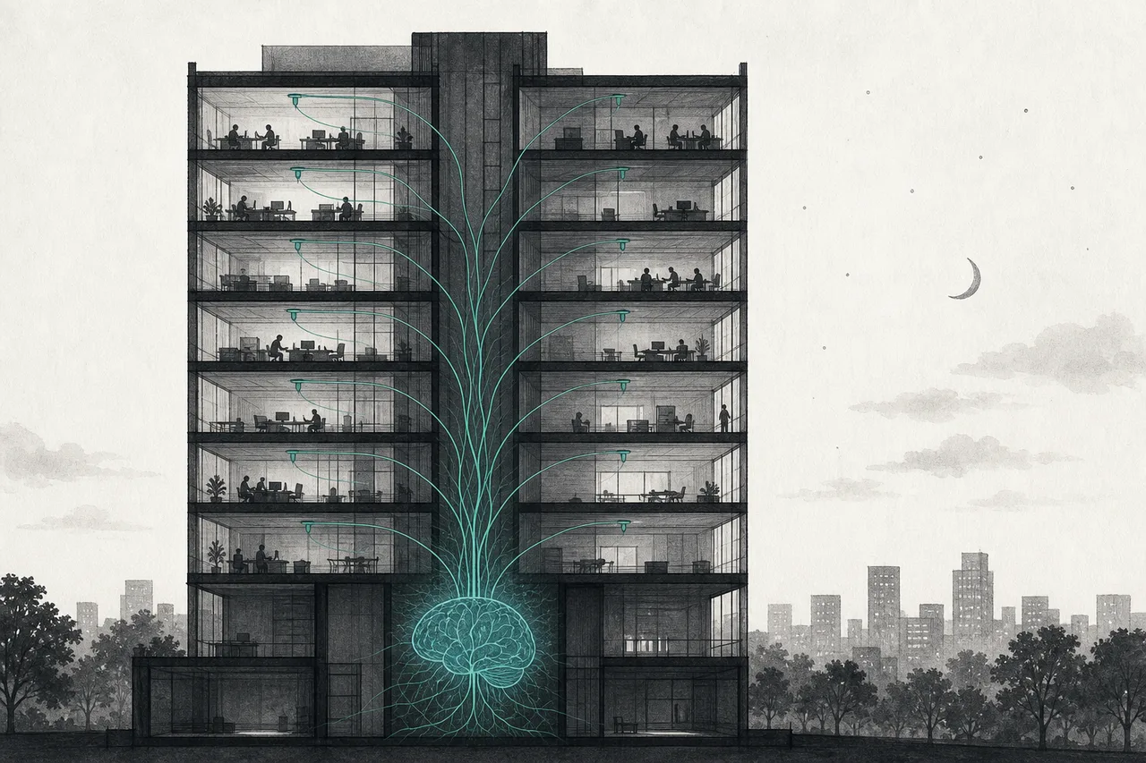 A cutaway of an office building at night. On each floor, glowing nerve-like lines run from ceiling sensors and gather at a central point, like the building's brain.