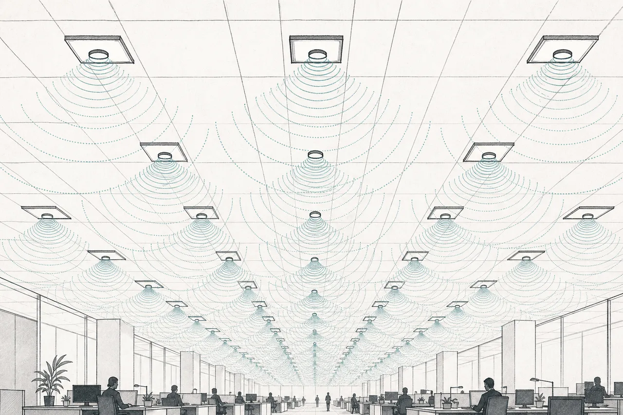 Looking up at an office ceiling, LED light fixtures are arranged in an even grid, each one giving off thin ripples of signal, forming a mesh of sensors that covers the whole space.