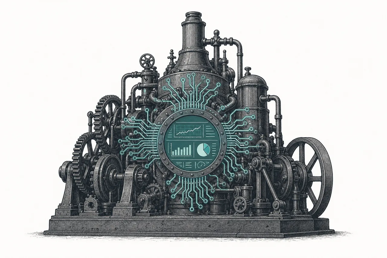 A large, antique industrial machine with gears and pipes, but at its center a data screen and glowing digital circuit lines sprout out — an old giant rebooting into a software company.