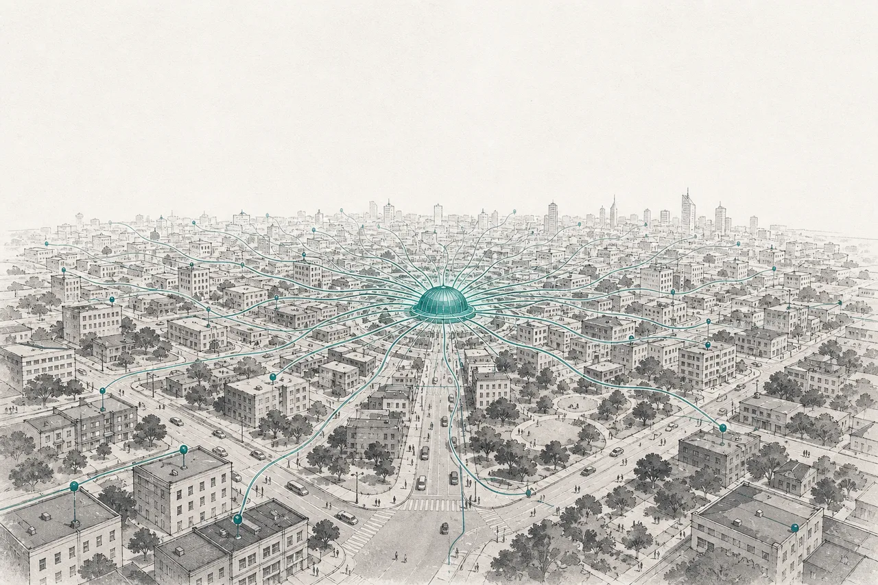 A city seen from above like a living organism, with thin nerve lines running from points all over and converging on a single glowing central command tower.