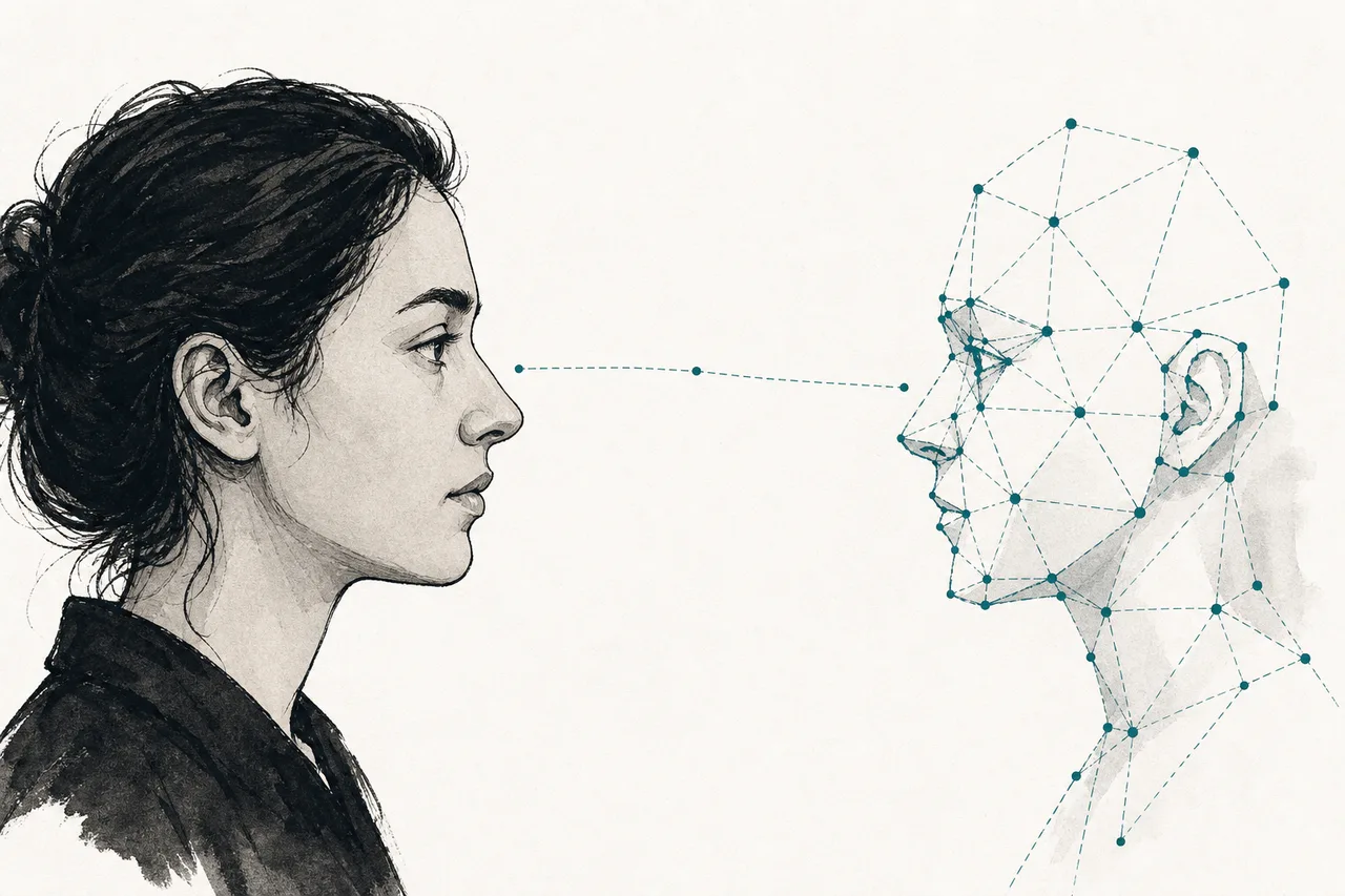 A real face on the left and a face sketched in dotted lines by an algorithm on the right, not lining up, emphasizing the gap where they don't match.