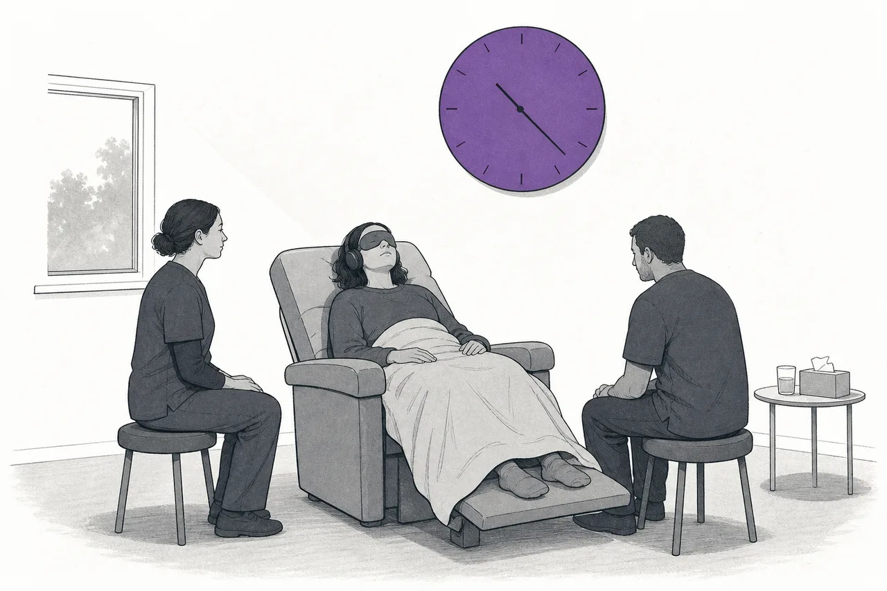 A calm therapy room with a single recliner, a patient resting, and two attendants watching over them; the wall clock shows that hours have passed