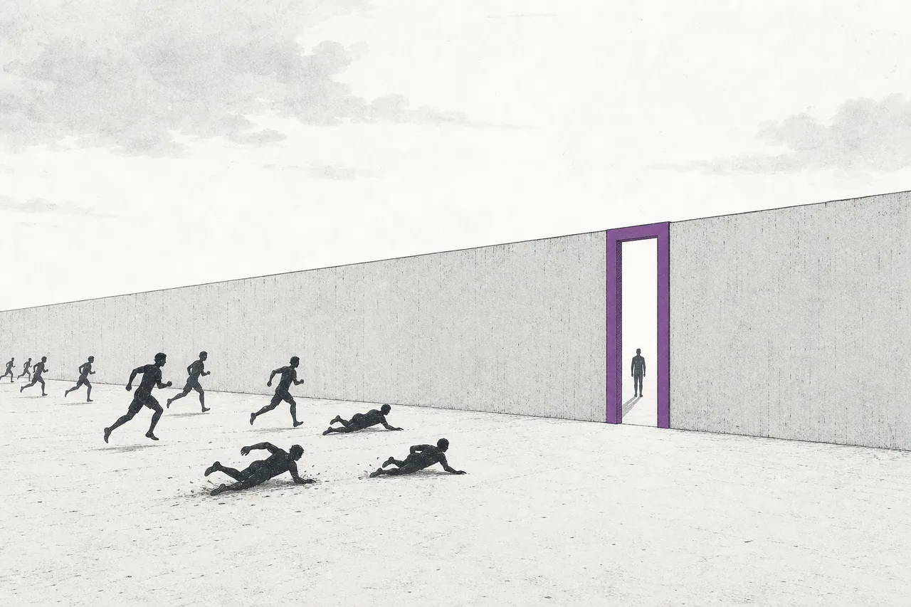 Several runners sprint toward a single narrow door; some fall before reaching it, and only one makes it through