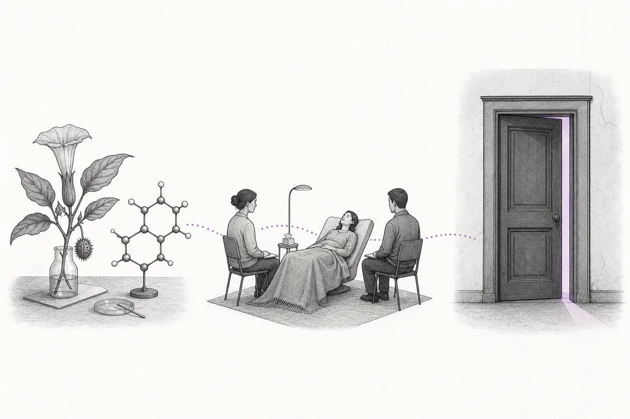 A path from a molecule in the lab, through a therapy room, to a door stamped with a regulator's seal