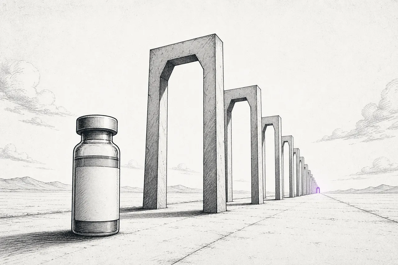 A symbolic illustration: a trial-drug bottle making its way through several tall, narrow checkpoint gates, representing the path the drug still has to pass through regulatory review.