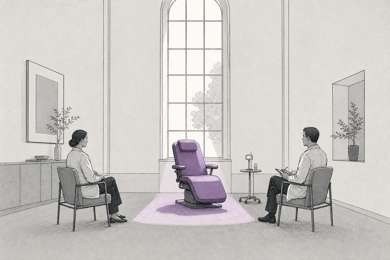 A quiet clinic exam room with a single reclining chair in the center and two guides seated beside it.