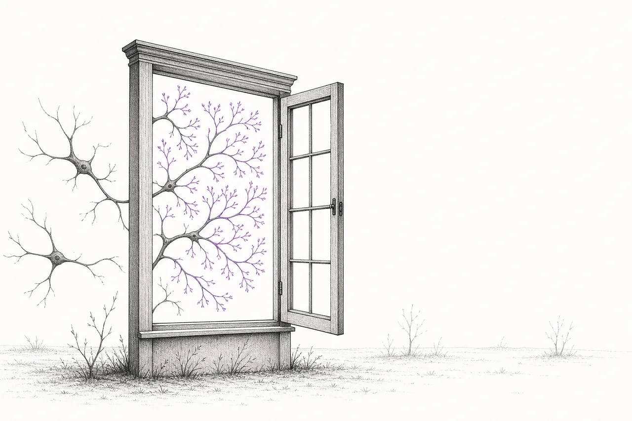 A symbolic illustration: neuron branches sprouting new growth during a brief stretch of time, like a window opening temporarily.