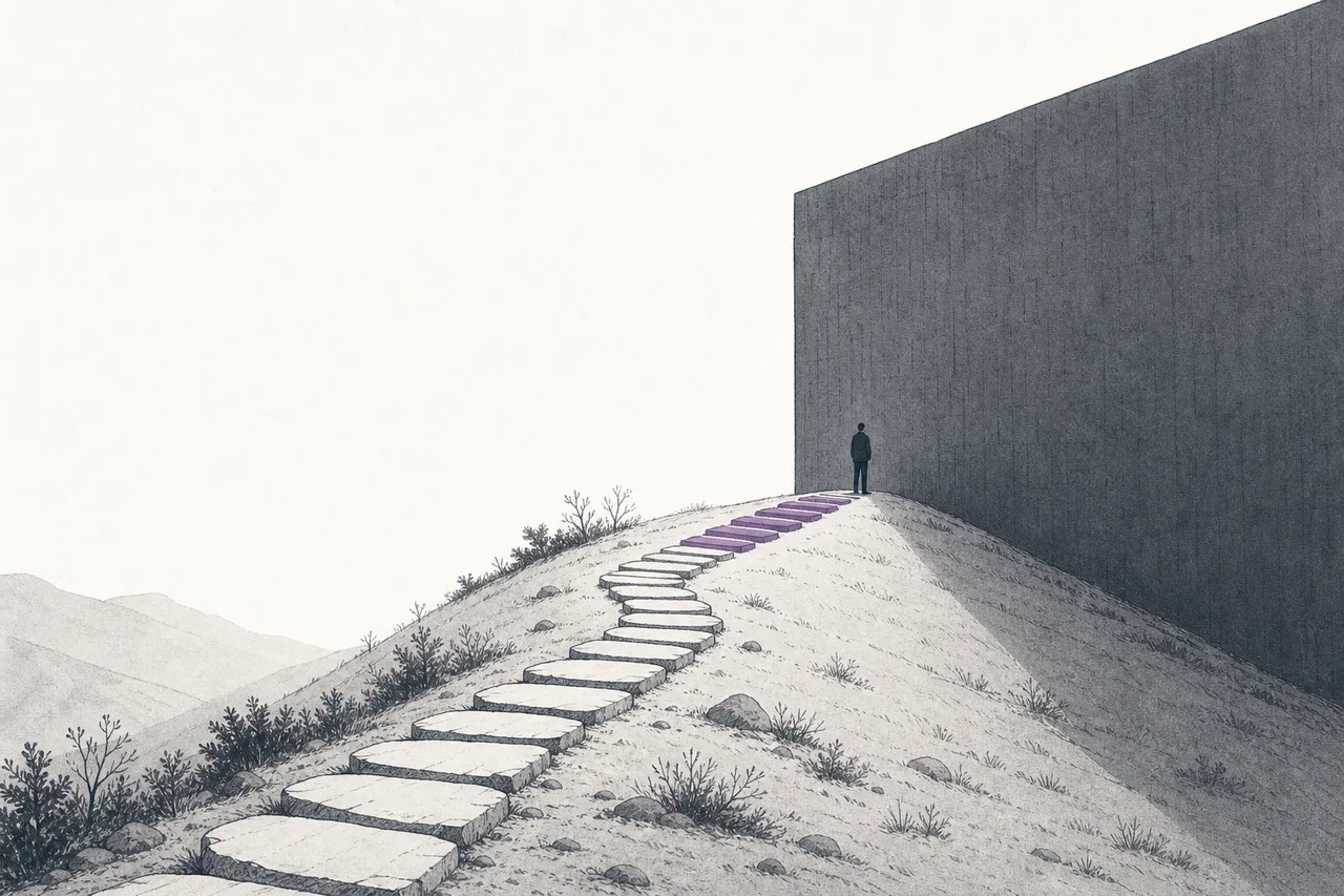 A path climbs hopefully up a mountain, then is suddenly blocked at the end by a tall, solid stone wall.