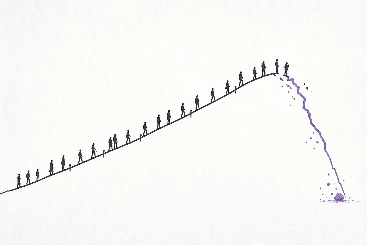 A timeline climbs high on hope across decades, then suddenly plunges down at the very end.
