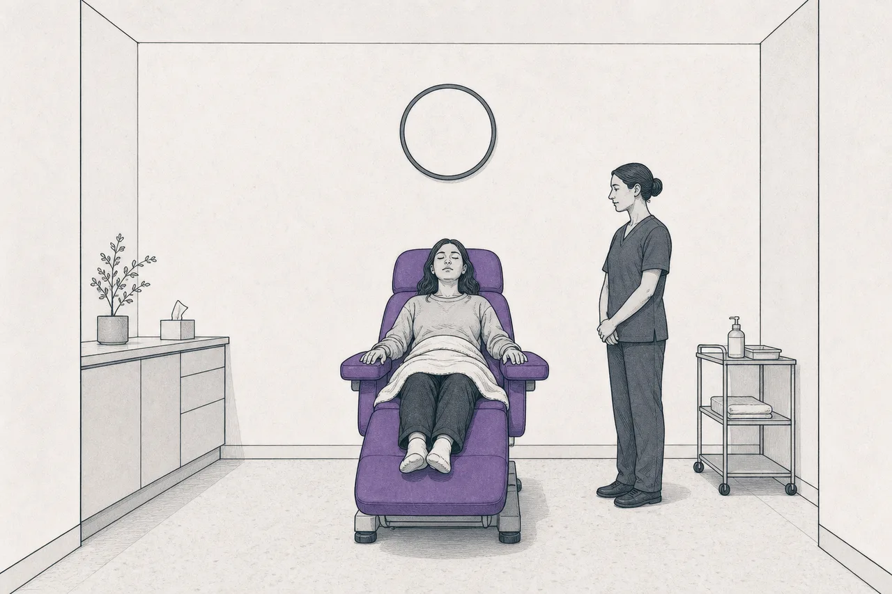 An exam room with a single reclining chair, a nurse standing to observe.